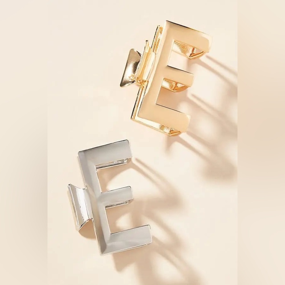 ANTHROPOLOGIE Gold Silver E Shaped Mi Mod Metal Hair Claw Clips, Set Of 2
